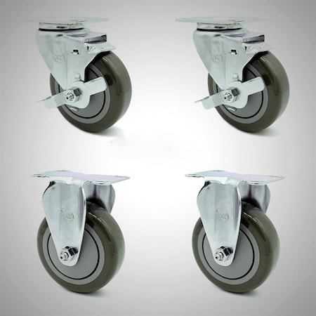 Service Caster 4 Inch SS Gray Polyurethane Top Plate Caster Set with 2 Brake 2 Rigid SCC SCC-SS20S414-PPUB-TLB-2-R414-2